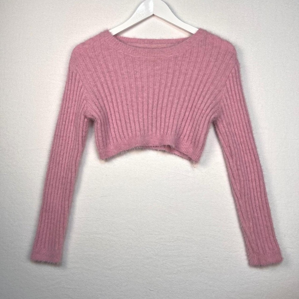 Pink Fuzzy Ribbed Cropped Sweater Womens S Long Sleeve Eyelash Knit Barbie Y2K